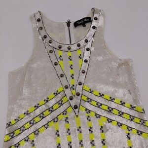 April May Casper Sequin Tank Top XS White Neon Yellow Embellished Studded Lux